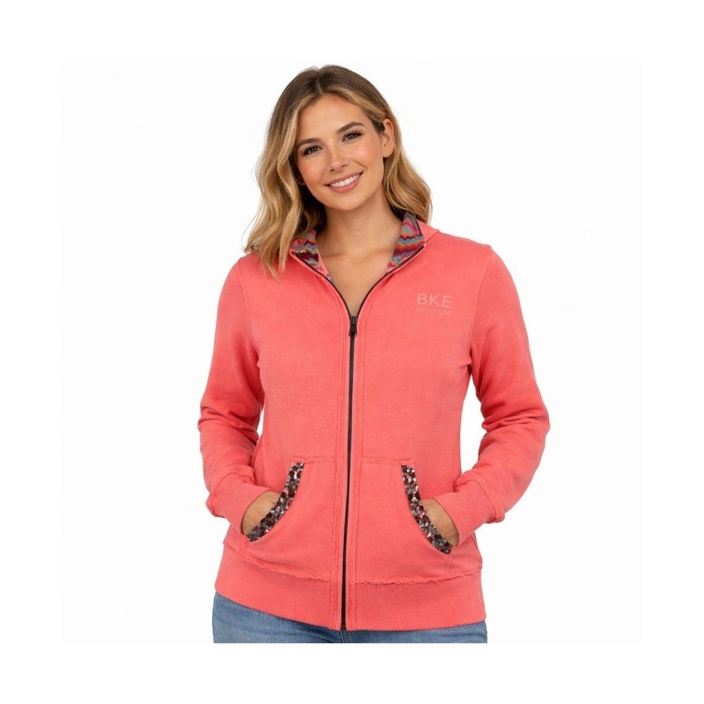 BKE Lounge Womens Coral Pink‎ Full Zip Hoodie Rhinestone Pocket Raw Edge Small